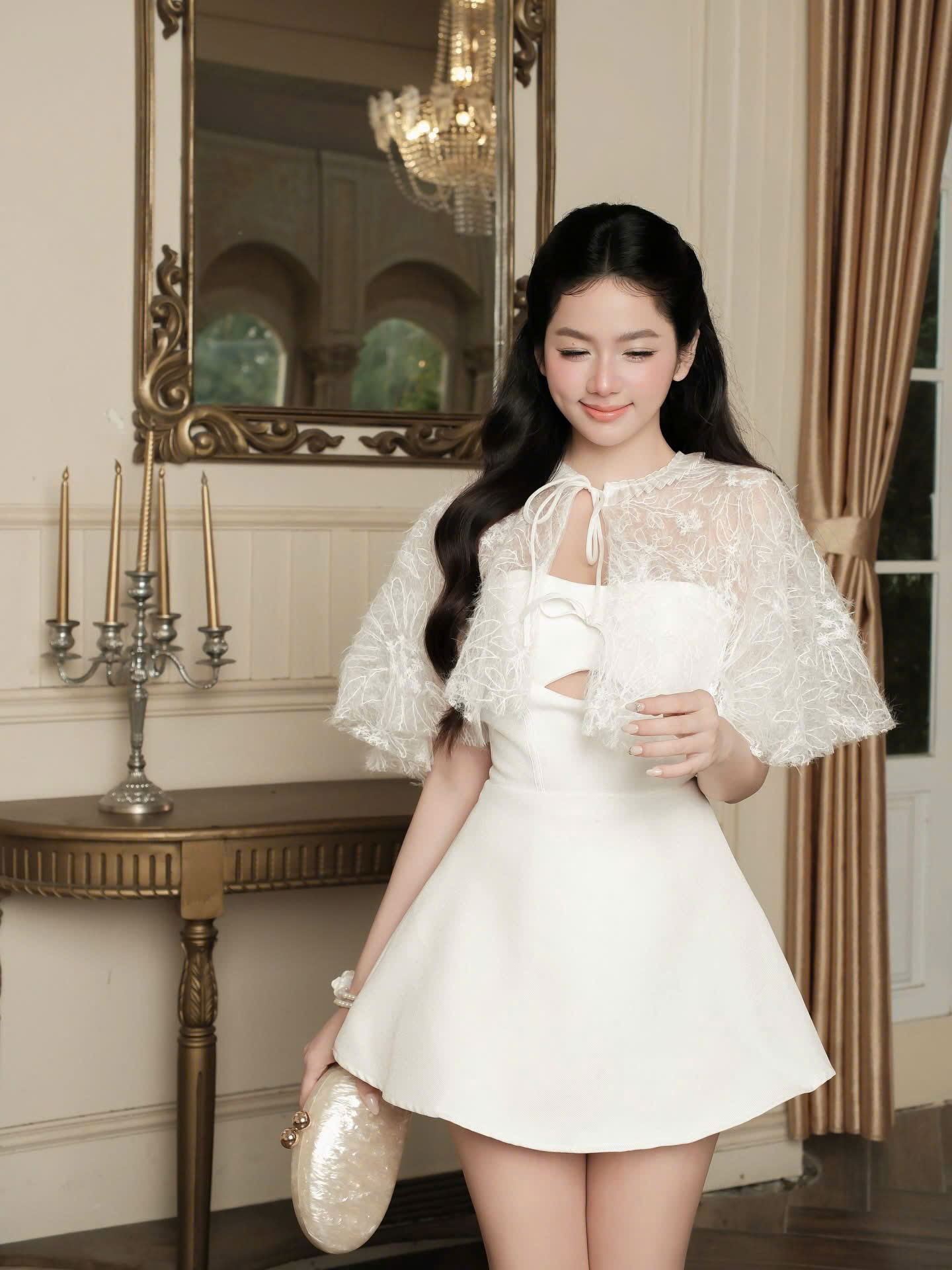 Đầm dự tiệc cup ngực thắt nơ kèm áo choàng lông