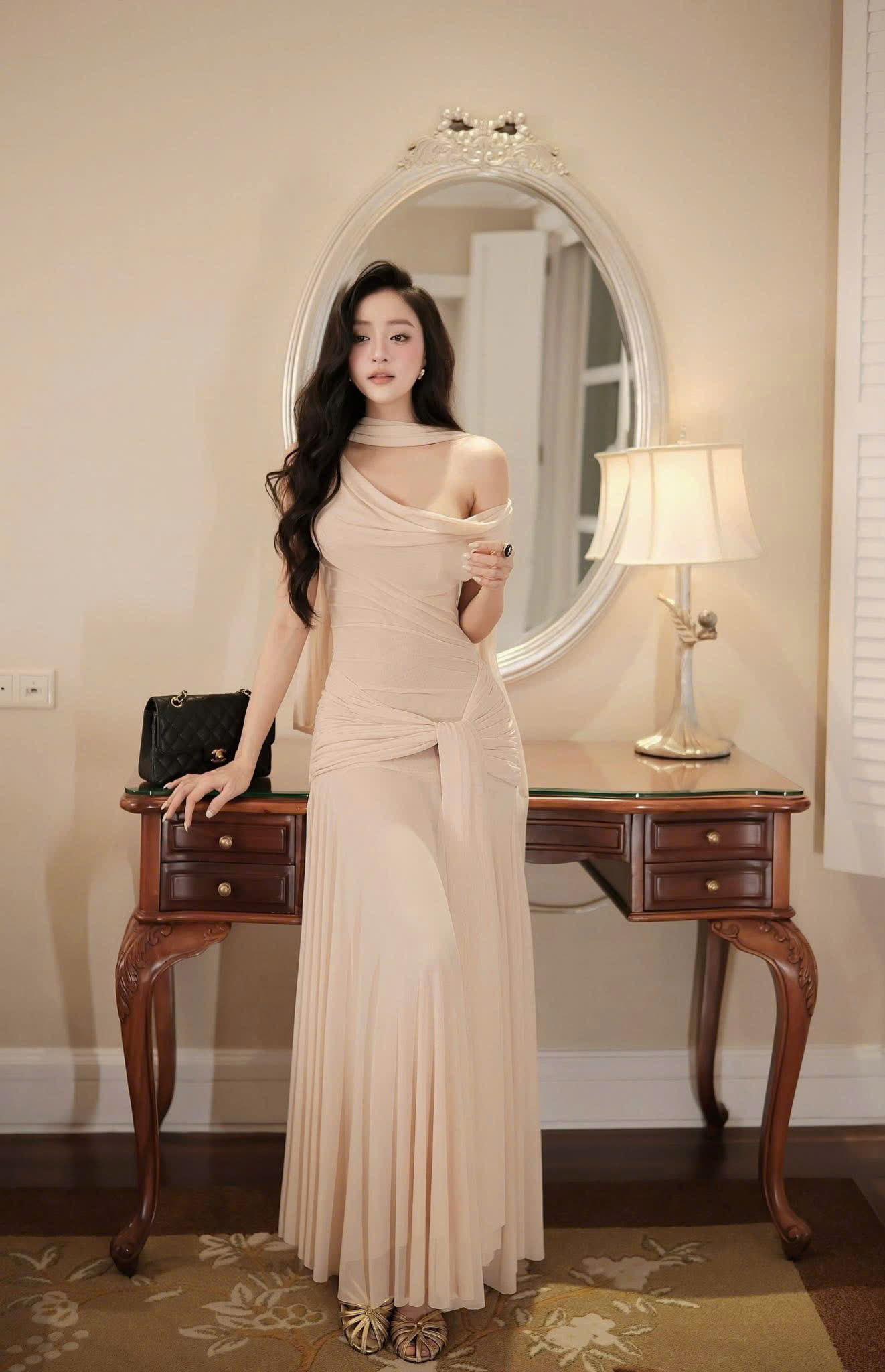 Đầm dự tiệc body trễ vai chất thun lưới kèm khăn choàng