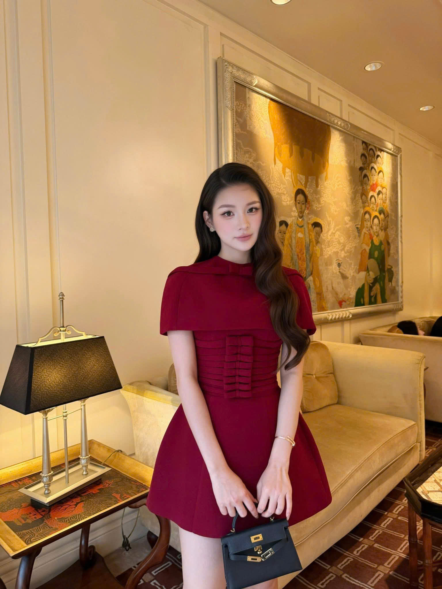 Sét bộ đầm 2 dây đính nơ phom a kèm áo choàng lửng