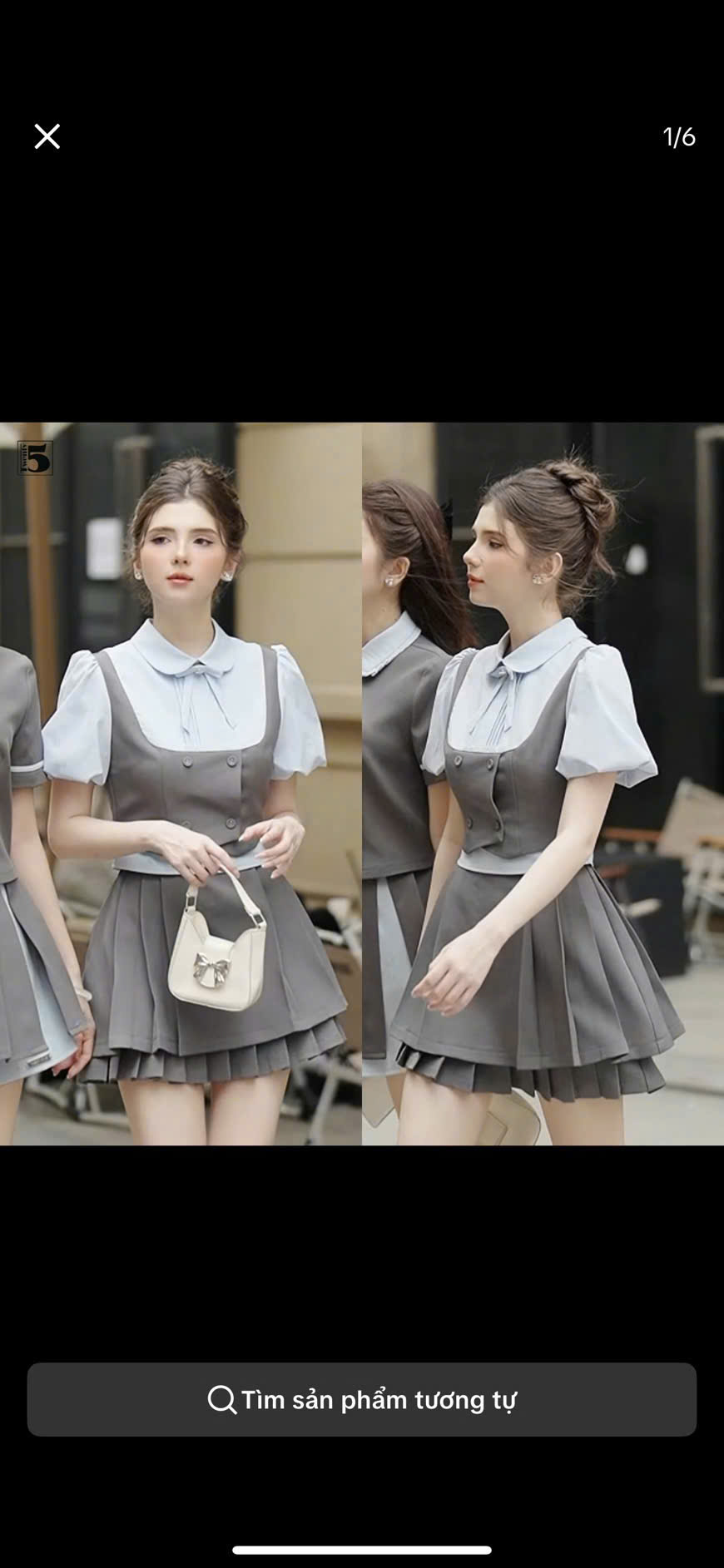 Sét đồ tiểu thư áo sơ mi cộc tay kèm cài nơ + chân váy xòe có lót quần