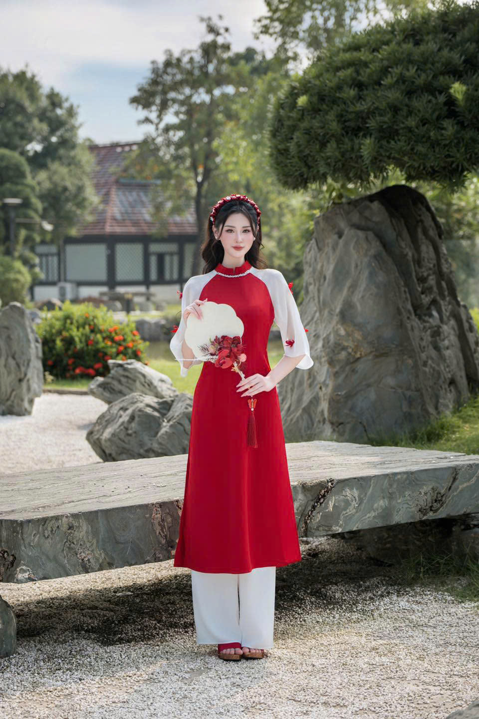 Sét áo dài đỏ tay lửng đính nơ + quần lụa AD0131