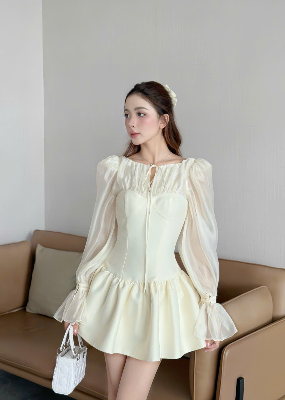 Đầm dự tiệc tay dài thắt nơ ngực dáng xòe có quần bảo hộ